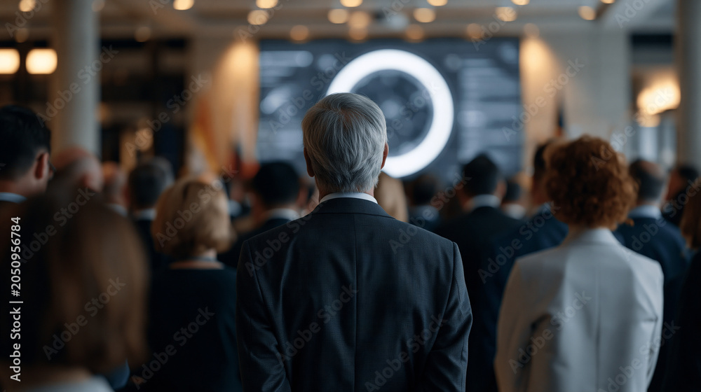 Fototapeta premium Crowd of government officials and scientists at a bilateral technology summit examining quantum radar stealth detection prototype displays, flagged delegation tables visible in a