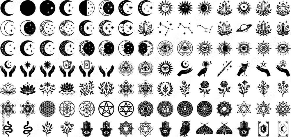 Fototapeta premium Celestial, moon phases, and spiritual alchemy icons collection