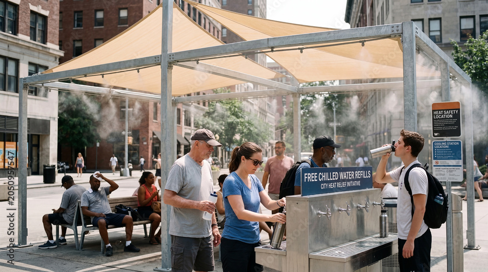 Obraz premium People gather at an outdoor public cooling station with misting nozzles and a water refill dispenser on a sunny day in an urban area, with city buildings in the background.