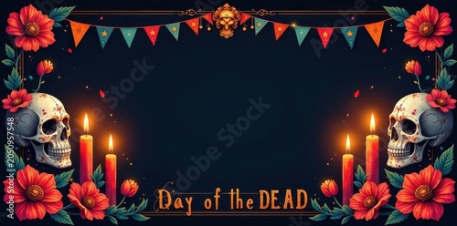 Elegant black frame, illustrated skulls, flickering candles, vibrant flags, Day of the Dead lettering , creepy, decoration