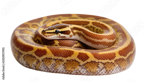 Foto Coiled python snake with brown and yellow patterned scales
