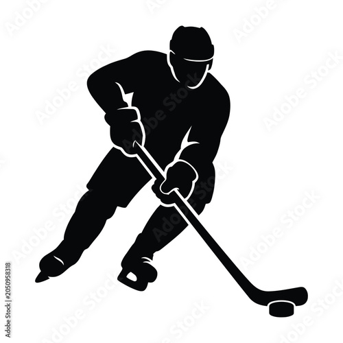 Photography Ice hockey player in action during a game with stick and puck on white backgroun