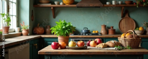 Cozy vintage kitchen interior, small table with vegetables, apples, bread & accessories , wooden shelves, cooking, natural light
