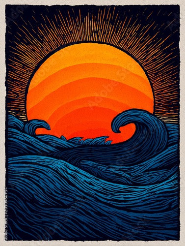 Minimalist sun and sea waves icon in linocut style isolated on white background