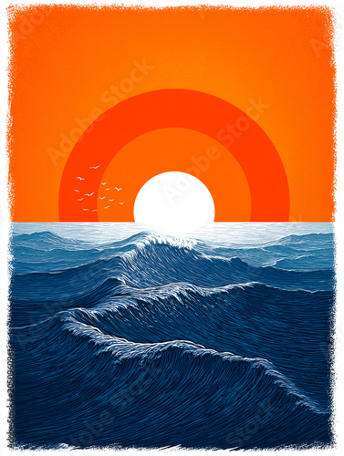 Minimalist sun and sea waves icon in linocut style isolated on white background