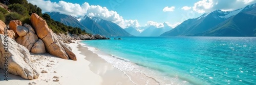 Sun-bleached rocks meet turquoise brine, snow-capped peaks rise in the distance , light, view