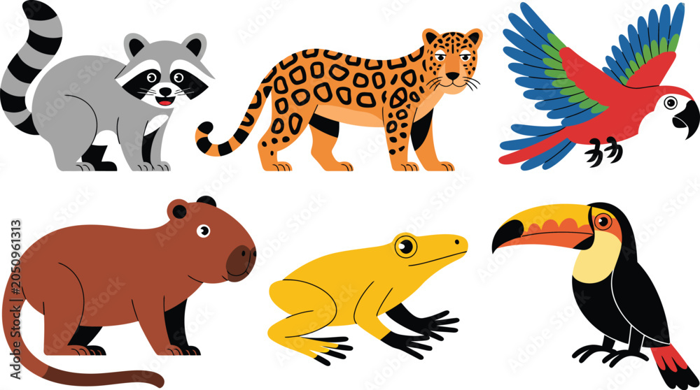 Obraz premium Flat cartoon illustration featuring diverse jungle animals including a raccoon, jaguar, macaw, capybara, frog, and toucan, isolated on white, conveying a playful wildlife theme.
