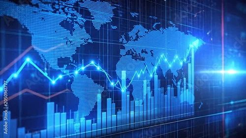 Digital world map with glowing financial growth charts and data