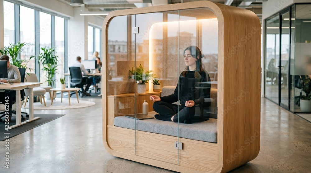 Fototapeta premium Tech worker meditating inside acoustic office wellness pod