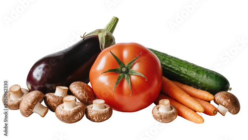 Slika na platnu Eggplant tomato cucumber carrots, and mushrooms assortment
