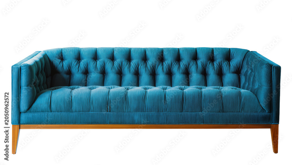 Naklejka premium Tufted teal velvet sofa with wooden legs
