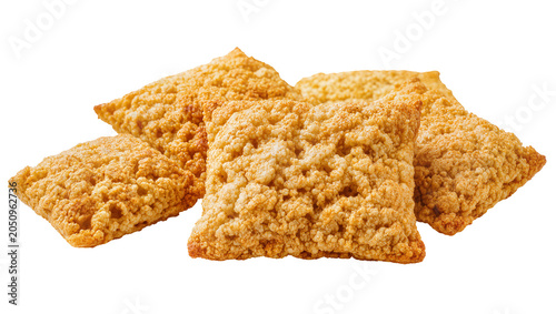 Photography Golden brown crumbly square pastries stacked