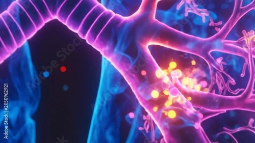 A glowing digital illustration of human lungs in dark space