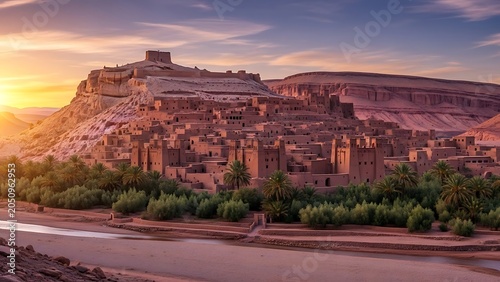 Ancient red rock city at golden hour with ruins.