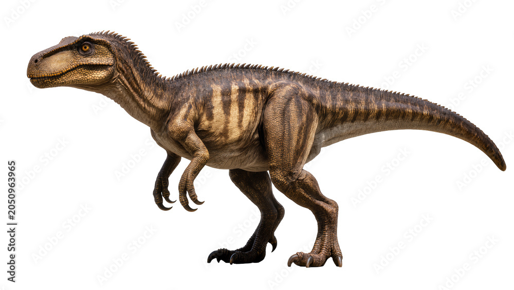 Fototapeta premium Brown striped dinosaur with sharp claws and teeth