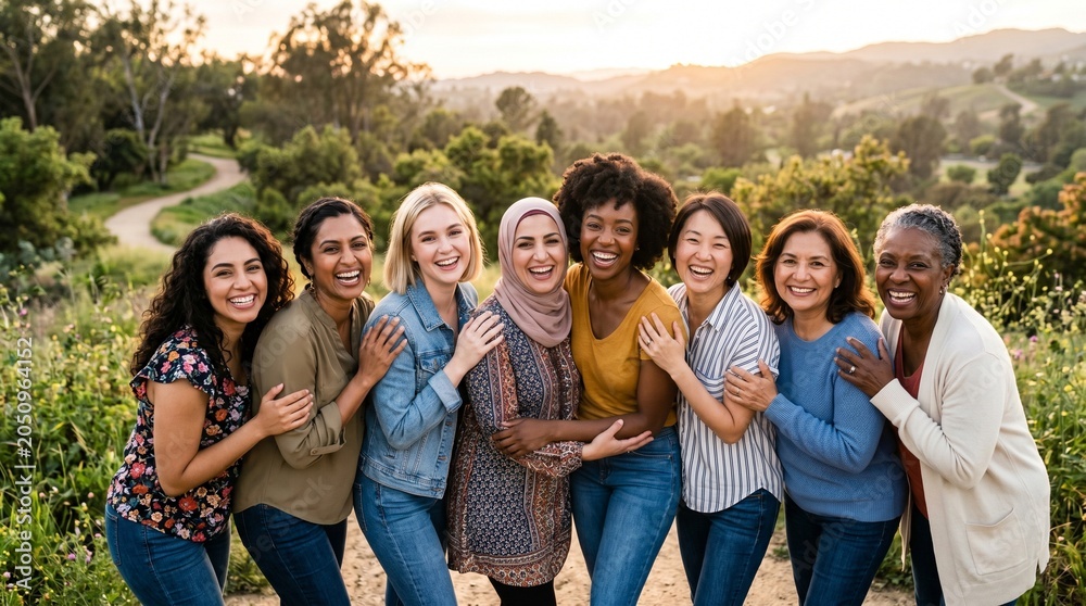 Fototapeta premium Diverse group of women of different ages and ethnicities smiling and embracing outdoors at sunset with rolling hills in the background