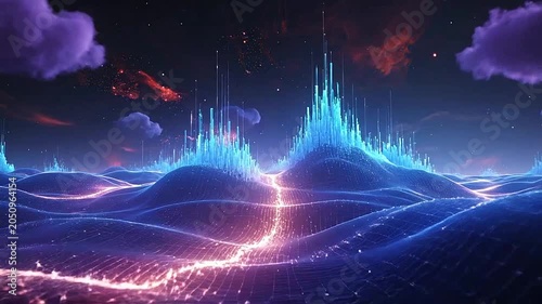 A glowing digital landscape with abstract light structures and clouds