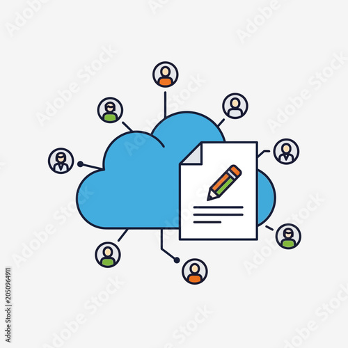 Cloud computing concept with interconnected user icons and a document with a pencil.