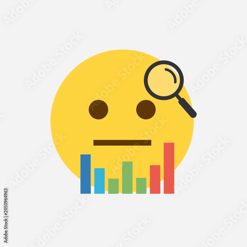Sad emoji with a magnifying glass and bar chart in front of it.