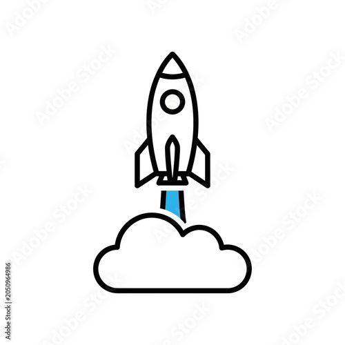 Simple line drawing of a rocket launching from a cloud.