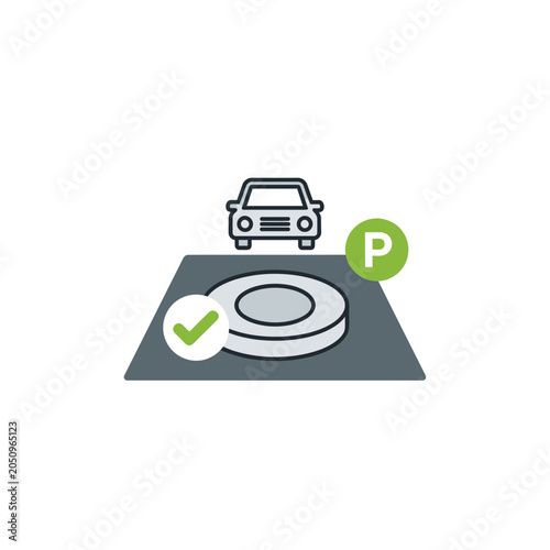 Illustration of a parking space with a car, checkmark, and parking symbol.