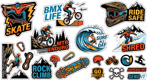 Schilderij op canvas Extreme Sports Stickers Set: Skate, MTB, Surf, and Climbing