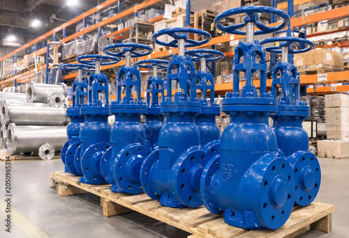 Quadro su tela Numerous large blue industrial gate valves with handwheels resting on wooden pal