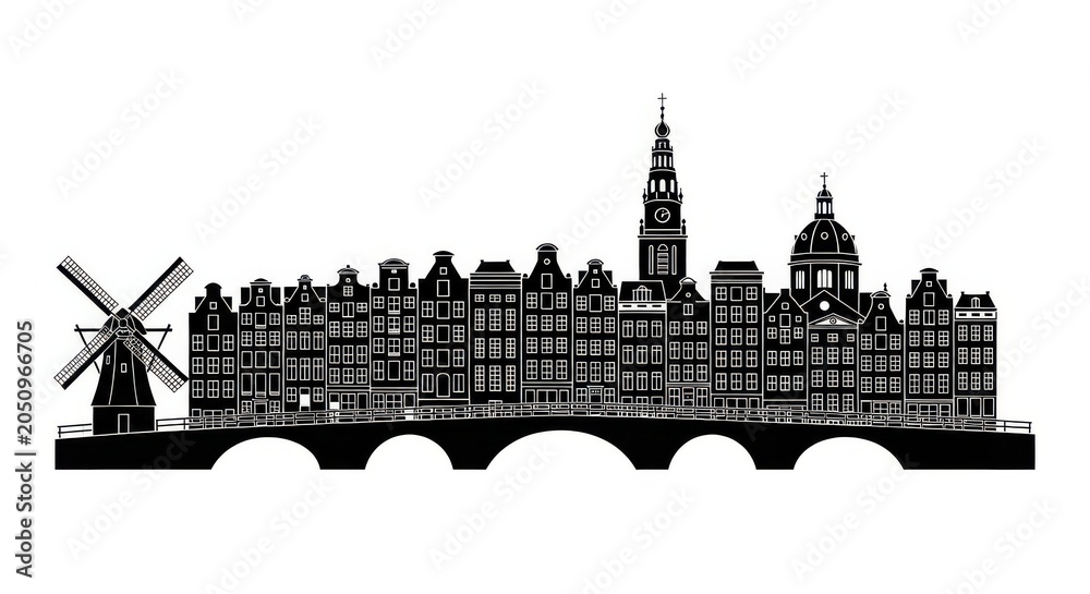 Fototapeta premium Amsterdam City Skyline Silhouette with Traditional Canal Houses Windmill and Bridge Illustration