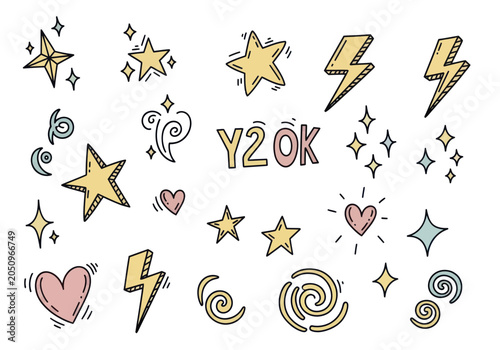 Collection of Y2K inspired doodles featuring stars lightning bolts and hearts.