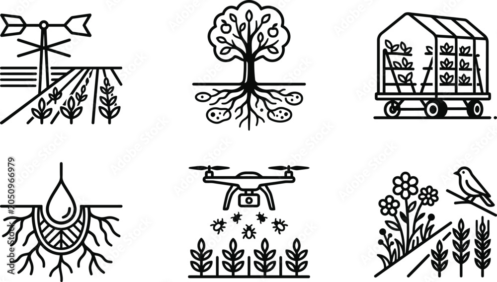 Fototapeta premium Modern smart farming icons set, sustainable agriculture line art vectors, 6 organic gardening and agrotech symbols for eco business