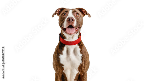 Cuadro en lienzo Brown and white pit bull dog wearing red collar looking at camera