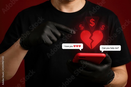 Romance scammer holding a smartphone with a broken heart icon and dollar signs, cybercrime concept