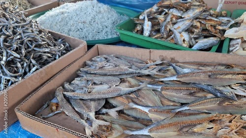 Variations of drysalted fish or ikan asin in Indonesian language on seller's stall at the rural traditional market