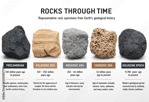 Rocks through time educational display featuring representative specimens from the precambrian, paleozoic, mesozoic, cenozoic, and holocene periods