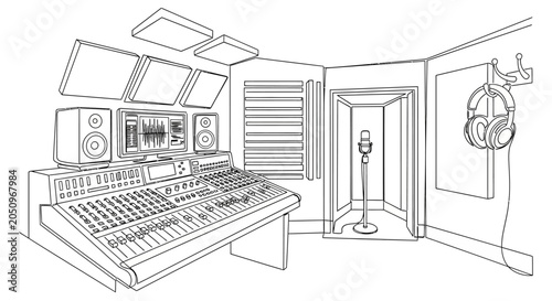 Quadro su tela Recording Studio Setup with Mixing Console, Speakers, and Microphone
