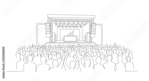 Obraz na płótnie Concert Crowd Cheering at Outdoor Stage with DJ - Line Art Illustration