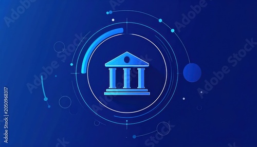 Digital Bank Building Icon with Futuristic Technology Interface.
