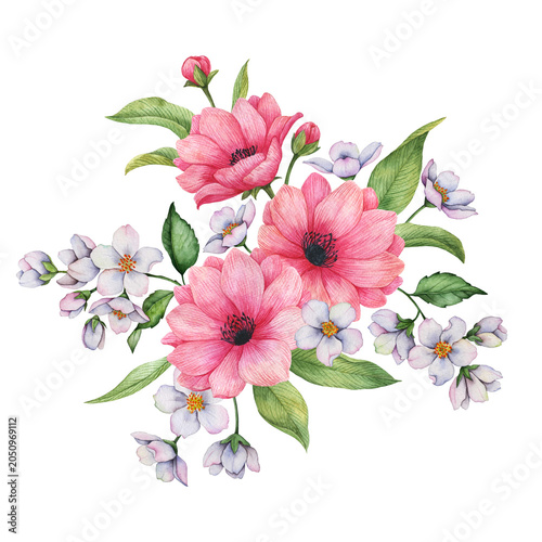 Watercolor bouquet, floral composition, hand drawn illustration of magnolia and jasmine flowers.