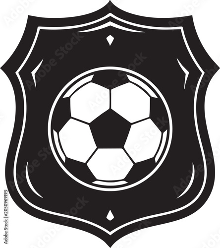 Black and white soccer ball on a shield emblem