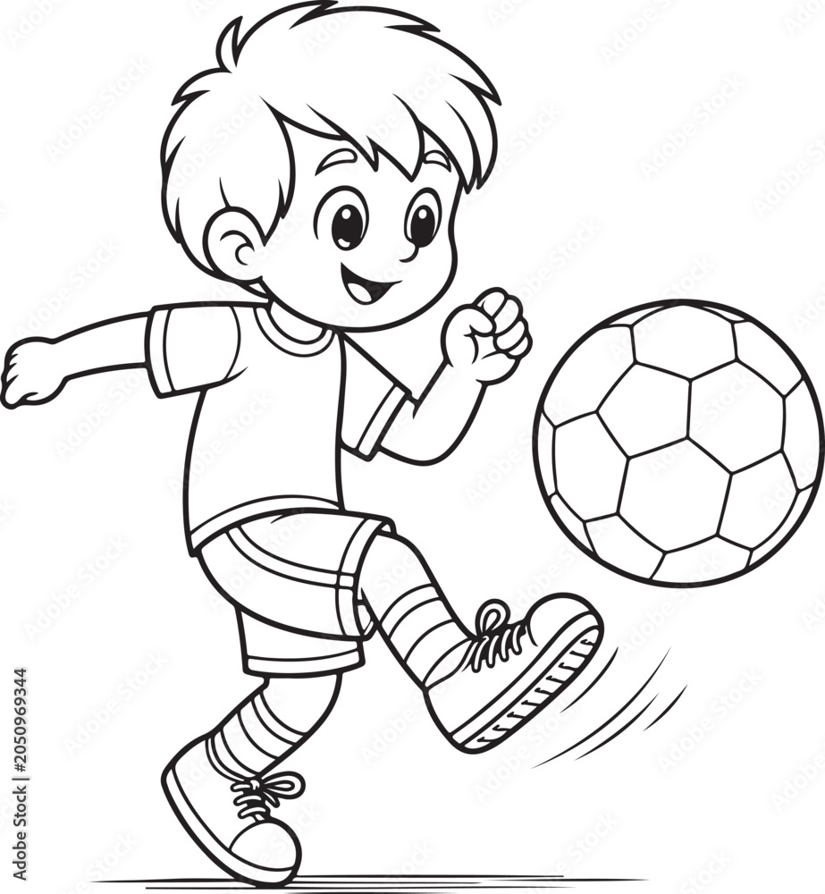 Obraz premium Cute Cartoon Boy Playing Soccer Football Line Art Vector Illustration for Coloring Page