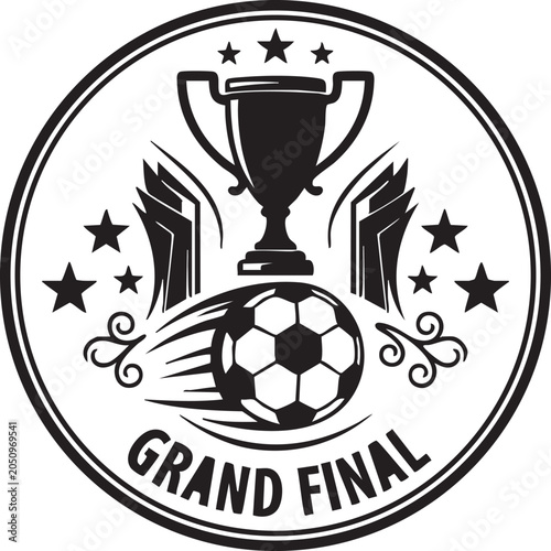 Black and white grand final badge with soccer ball trophy