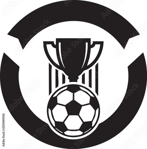 Black and white logo of a soccer ball with a trophy