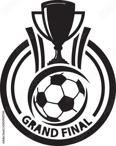 Black and white graphic design of a grand final soccer trophy logo