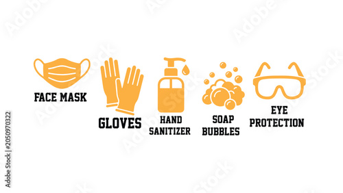 Fotografie Health safety icons set displaying orange face mask gloves hand sanitizer soap bubbles and eye protection for hygiene and medical protection precaution