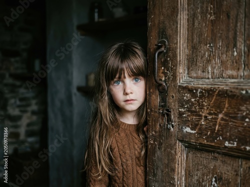 Little girl hiding behind old wooden door