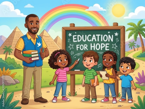 Diverse kids and teacher with Education for Hope chalkboard