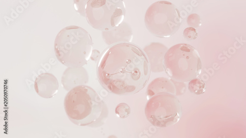 Pink bubble sphere cell molecule liquid transparent skincare cosmetic, floating soft round droplet pattern on pale background