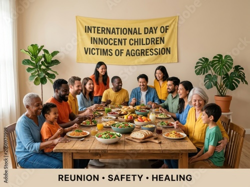 Diverse family and friends gathering for International Day of Innocent Children Victims of Aggression