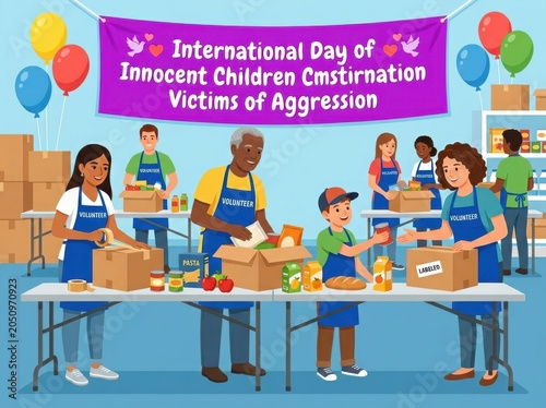 Volunteers helping at food bank for International Day of Innocent Children