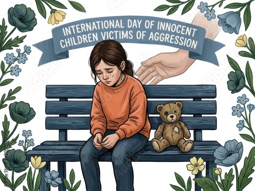 Sad child on bench with teddy, International Day of Innocent Children Victims of Aggression